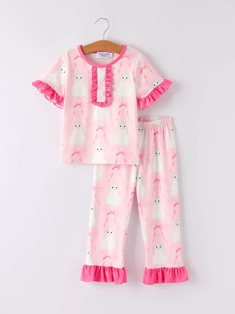 Rylee Faith Designs Girls Pink Ghost Print Ruffle Pajama Set 2 3 4 5 6 7